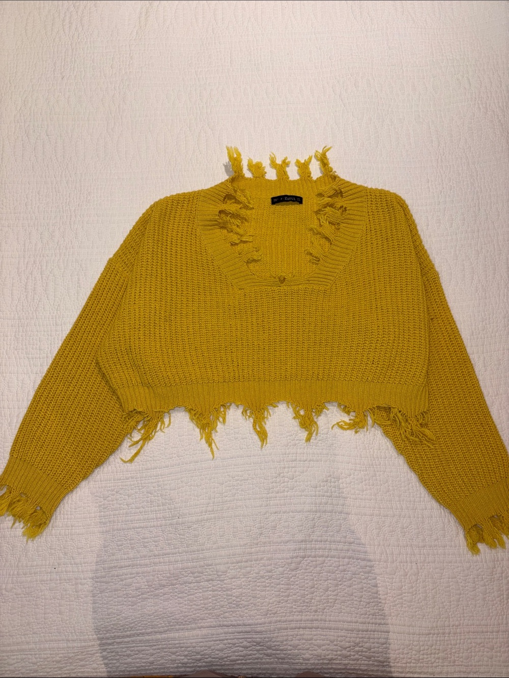 Cropped Distressed Crewneck Sweater - Mustard Yellow